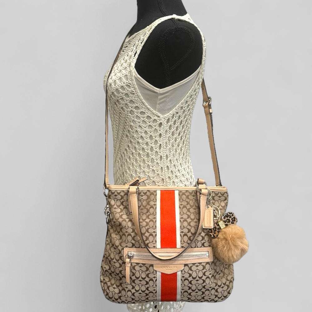 Coach Signature Varsity Stripe Medium Tote Bag – Khaki/Red – Style F27024 - Picture 3 of 16